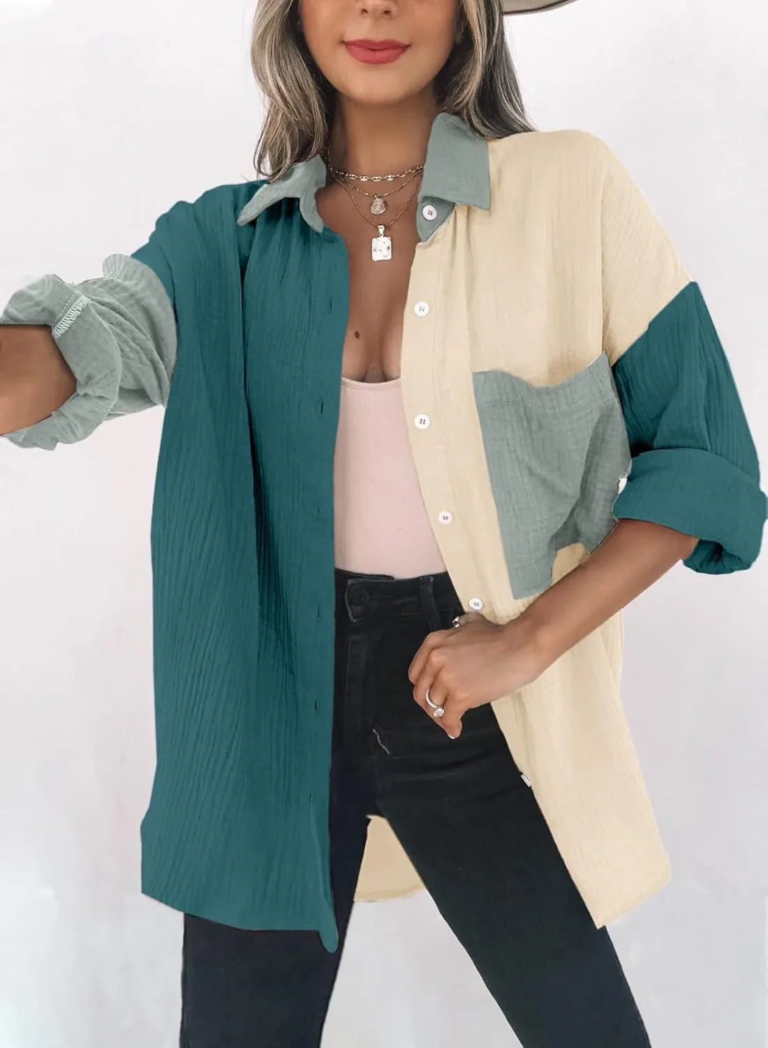 Dokotoo Womens Color Block Button Down Shirts Long Sleeve Oversized Boyfriend Blouses Tops