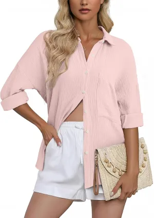 Dokotoo Womens Color Block Button Down Shirts Long Sleeve Oversized Boyfriend Blouses Tops