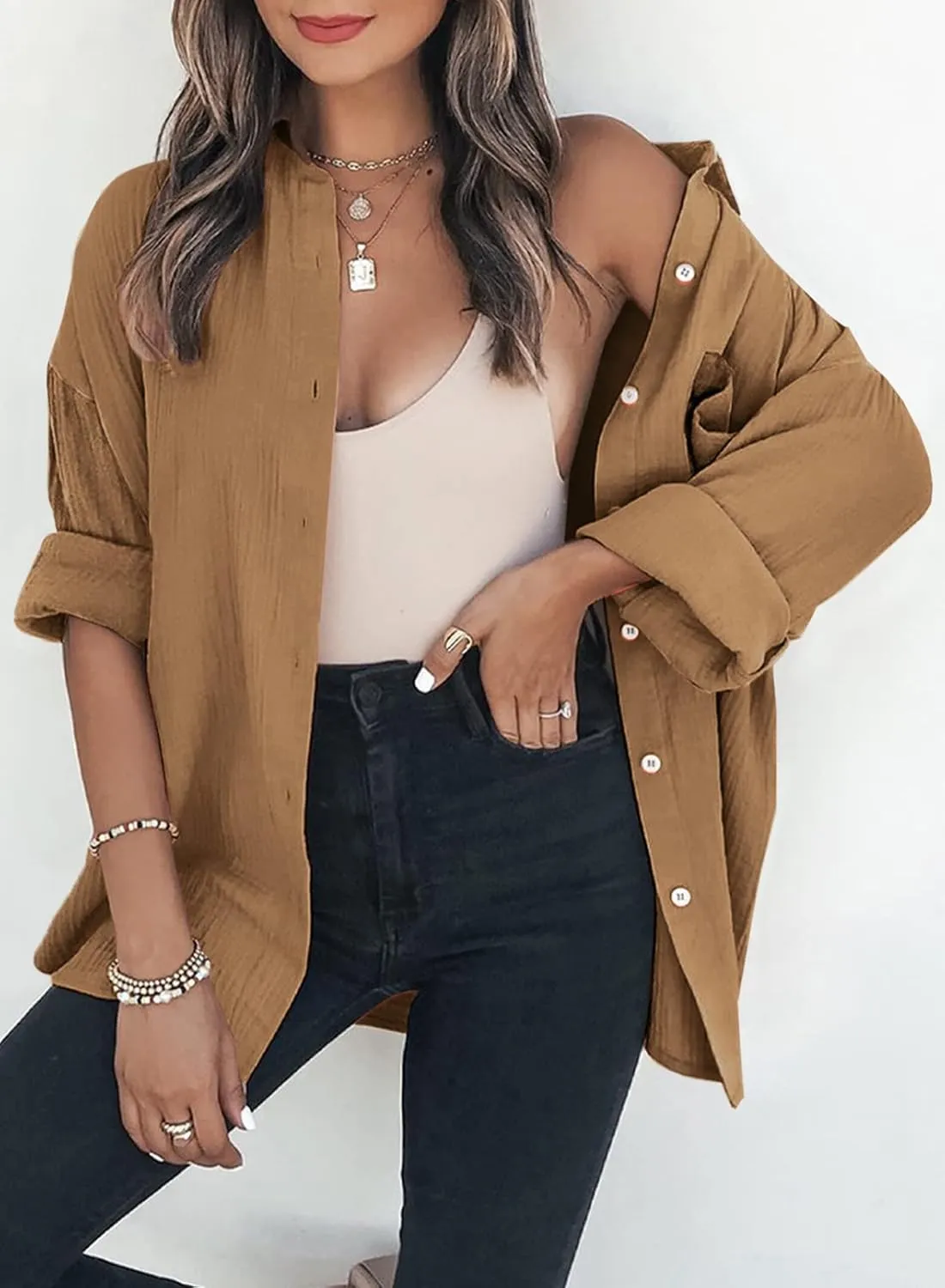 Dokotoo Womens Color Block Button Down Shirts Long Sleeve Oversized Boyfriend Blouses Tops