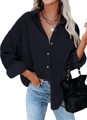 Dokotoo Womens Corduroy Button Down Shirts Boyfriend Long Sleeve Oversized Blouses Tops