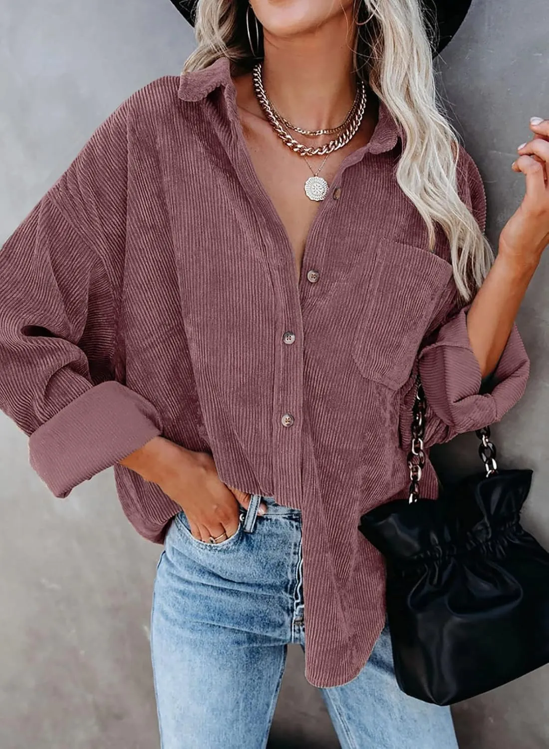 Dokotoo Womens Corduroy Button Down Shirts Boyfriend Long Sleeve Oversized Blouses Tops