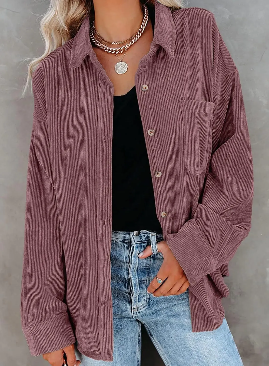 Dokotoo Womens Corduroy Button Down Shirts Boyfriend Long Sleeve Oversized Blouses Tops