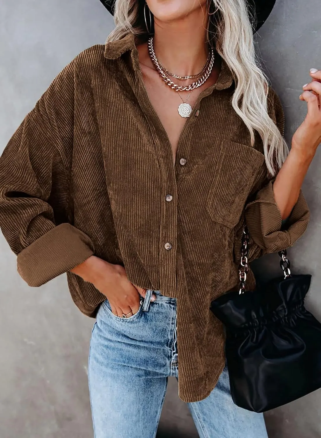 Dokotoo Womens Corduroy Button Down Shirts Boyfriend Long Sleeve Oversized Blouses Tops