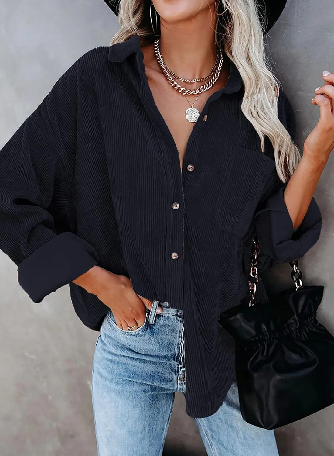 Dokotoo Womens Corduroy Button Down Shirts Boyfriend Long Sleeve Oversized Blouses Tops