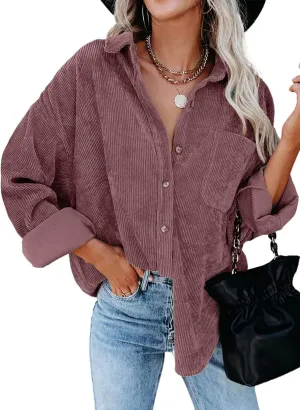 Dokotoo Womens Corduroy Button Down Shirts Boyfriend Long Sleeve Oversized Blouses Tops