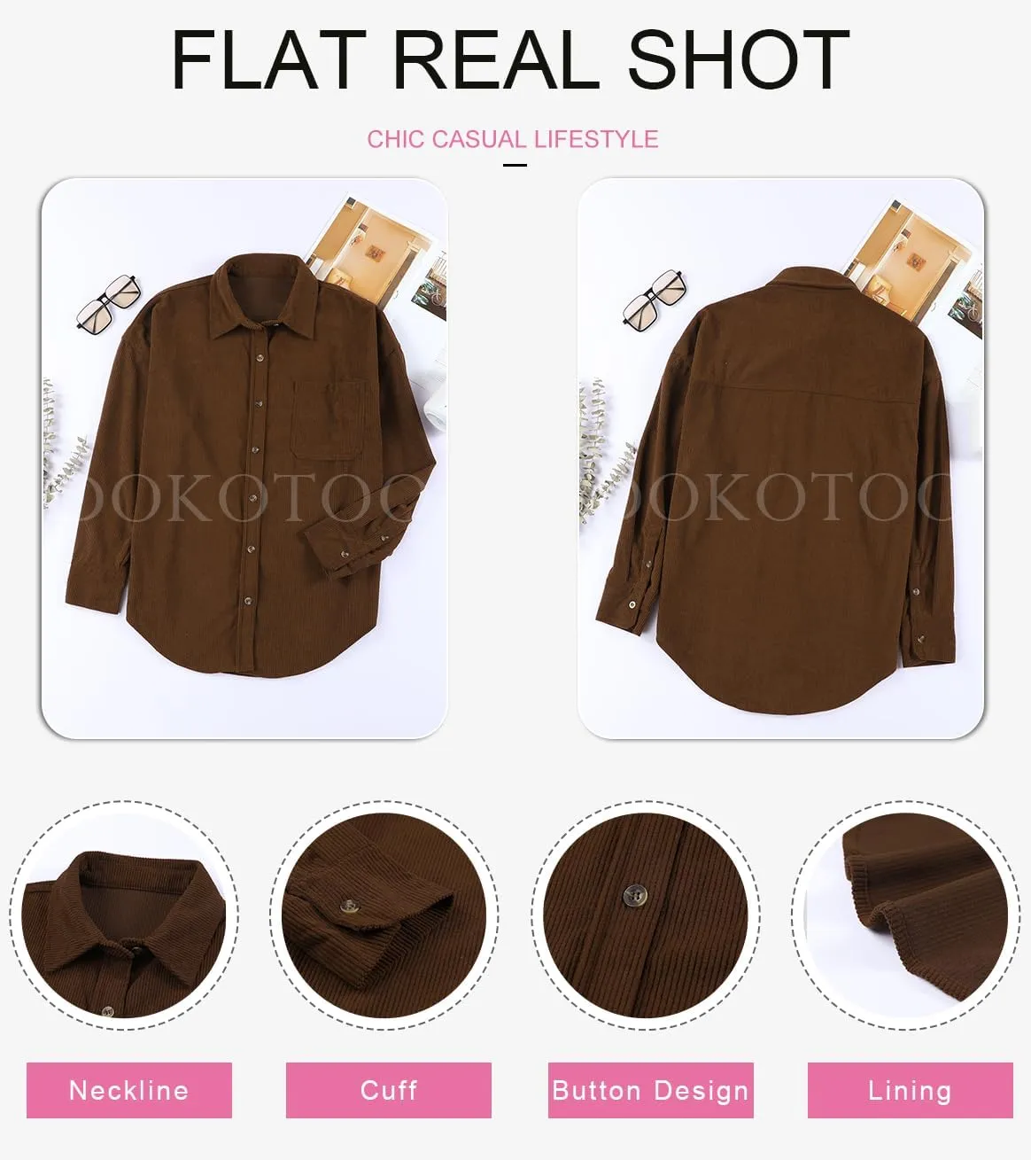 Dokotoo Womens Corduroy Button Down Shirts Boyfriend Long Sleeve Oversized Blouses Tops