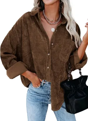 Dokotoo Womens Corduroy Button Down Shirts Boyfriend Long Sleeve Oversized Blouses Tops