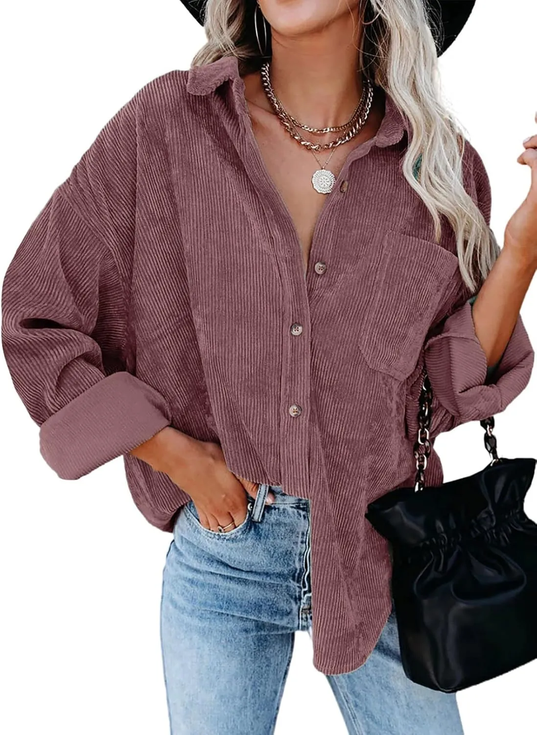 Dokotoo Womens Corduroy Button Down Shirts Boyfriend Long Sleeve Oversized Blouses Tops