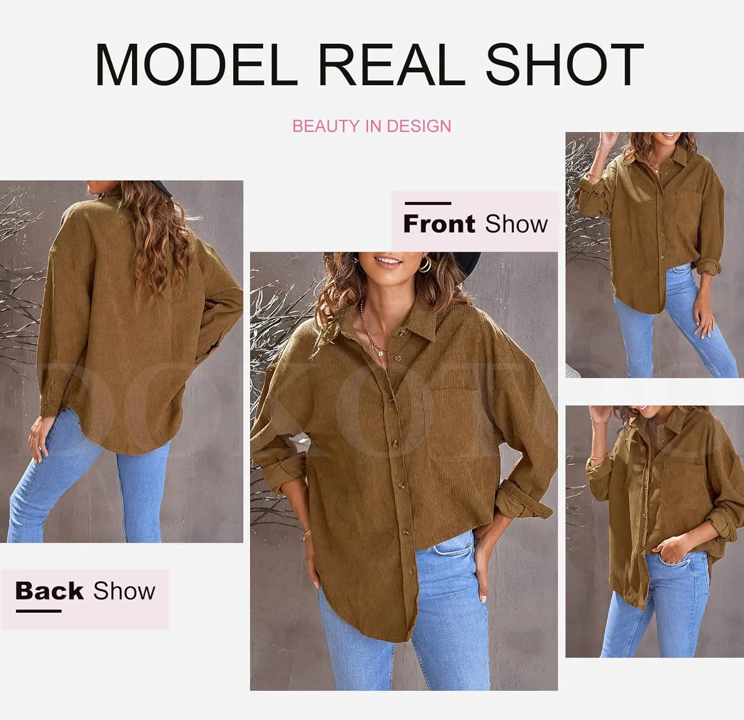 Dokotoo Womens Corduroy Button Down Shirts Boyfriend Long Sleeve Oversized Blouses Tops