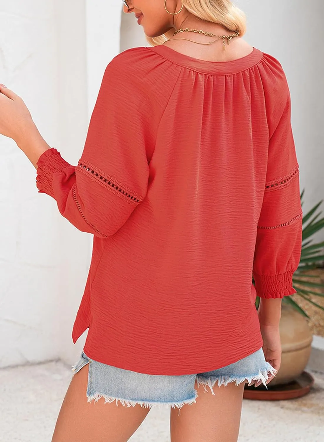 Dokotoo Womens Summer Tops 3/4 Lantern Sleeve Casual V-Neck T-Shirts Pleated Loose Tunic Hollow-Out Blouse