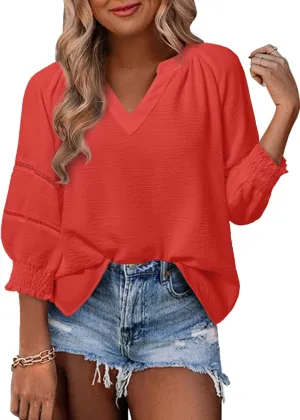 Dokotoo Womens Summer Tops 3/4 Lantern Sleeve Casual V-Neck T-Shirts Pleated Loose Tunic Hollow-Out Blouse
