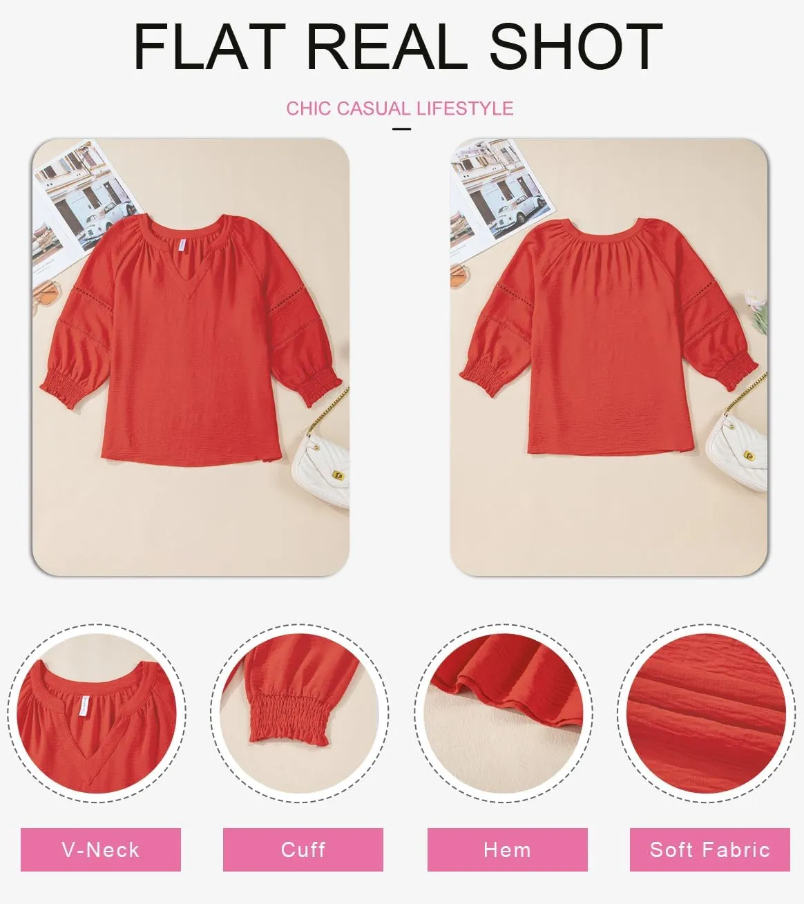Dokotoo Womens Summer Tops 3/4 Lantern Sleeve Casual V-Neck T-Shirts Pleated Loose Tunic Hollow-Out Blouse