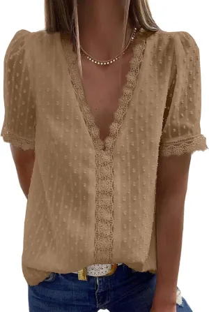 Dokotoo Women's V Neck Lace Crochet Tunic Tops Flowy Casual Blouses Shirts