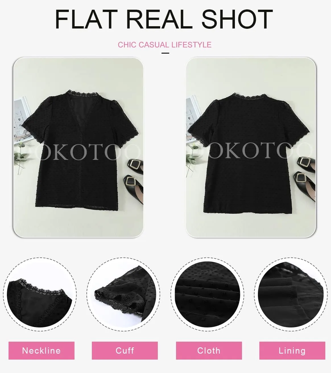Dokotoo Women's V Neck Lace Crochet Tunic Tops Flowy Casual Blouses Shirts