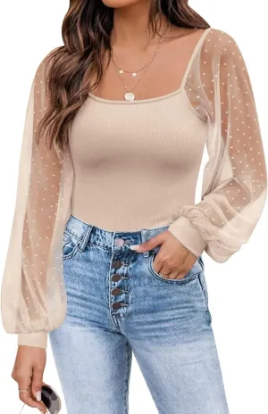 DOROSE Womens Mesh Long Sleeve Shirts Casual Blouses Tops