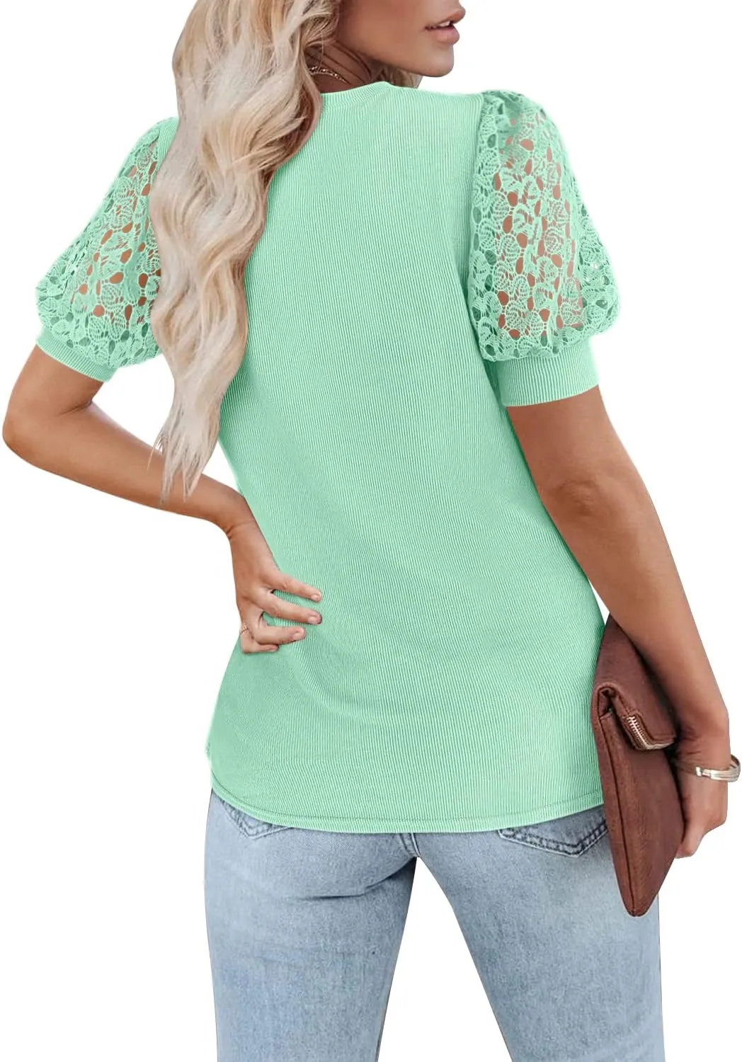 DOROSE Women's Puff Sleeve Tops Lace Casual Loose Summer Blouses T Shirt