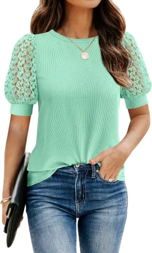 DOROSE Women's Puff Sleeve Tops Lace Casual Loose Summer Blouses T Shirt