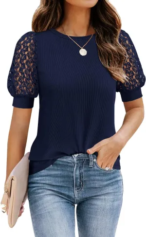 DOROSE Women's Puff Sleeve Tops Lace Casual Loose Summer Blouses T Shirt