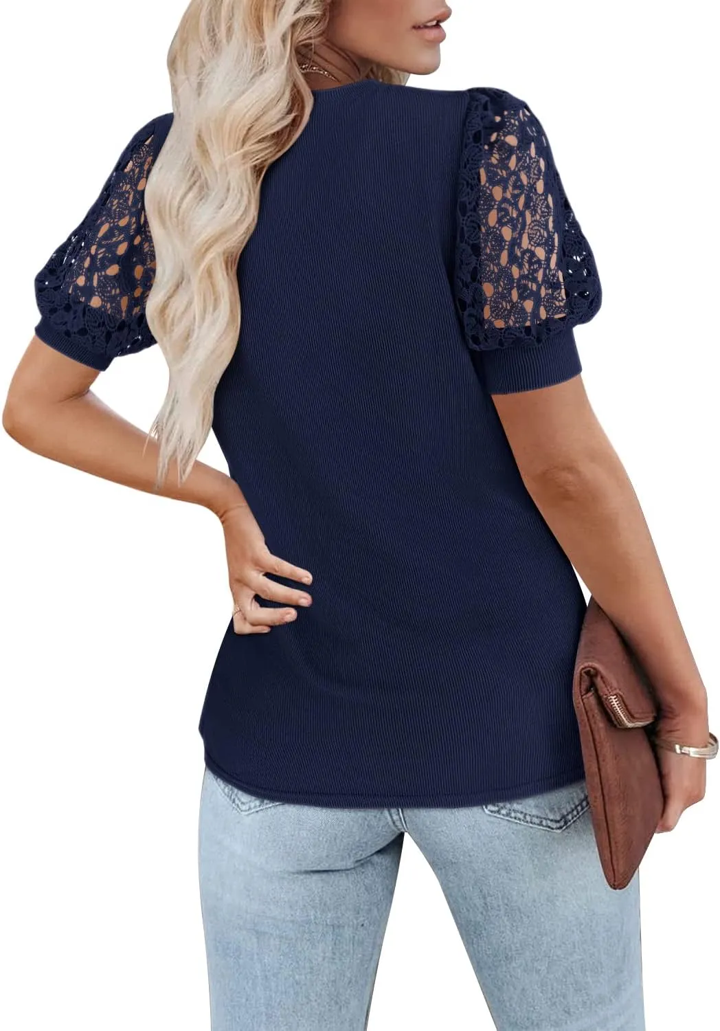 DOROSE Women's Puff Sleeve Tops Lace Casual Loose Summer Blouses T Shirt