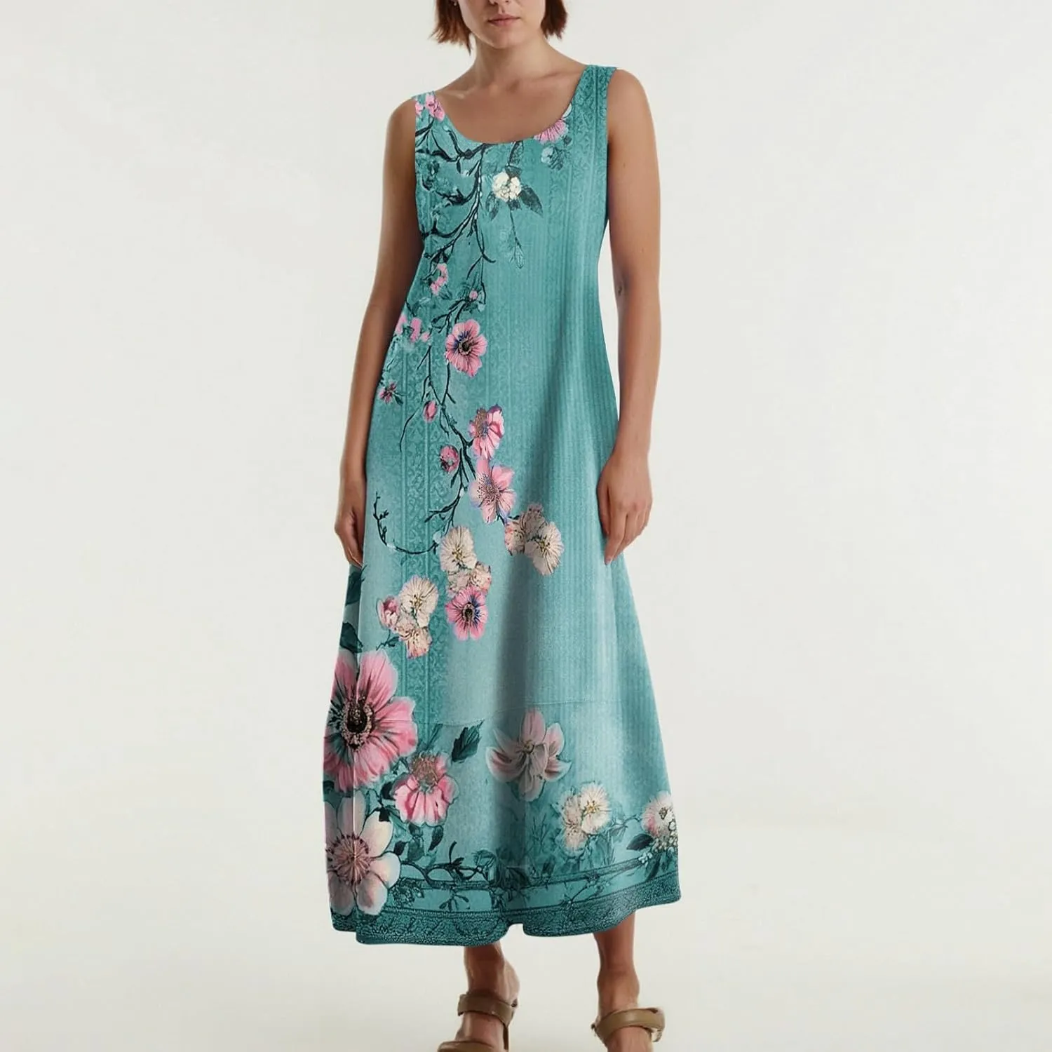 Dresses for Women 2025;Summer Sleeveless Boho Sundresses Scoop Neck Print Loose Fit Tank Dresses Summer Basic Casual