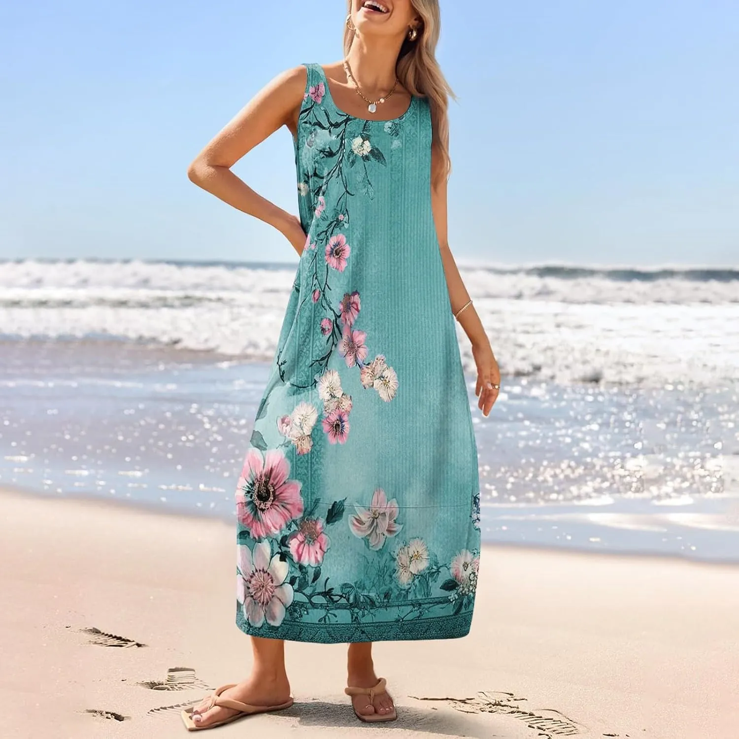 Dresses for Women 2025;Summer Sleeveless Boho Sundresses Scoop Neck Print Loose Fit Tank Dresses Summer Basic Casual