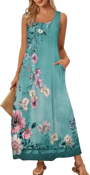 Dresses for Women 2025;Summer Sleeveless Boho Sundresses Scoop Neck Print Loose Fit Tank Dresses Summer Basic Casual
