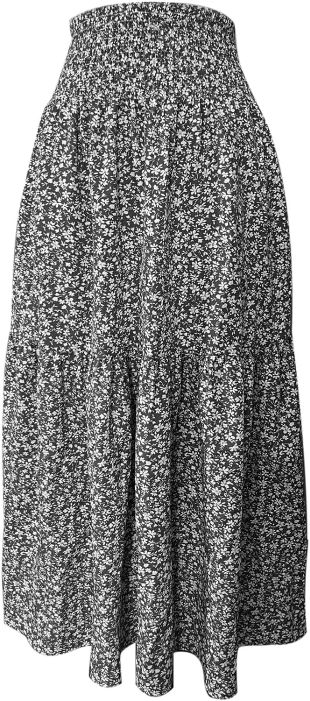 Elastic High Waist Flowy Maxi Skirts Women Boho Floral Tiered Pleated Summer Casual Long Beach Skirt