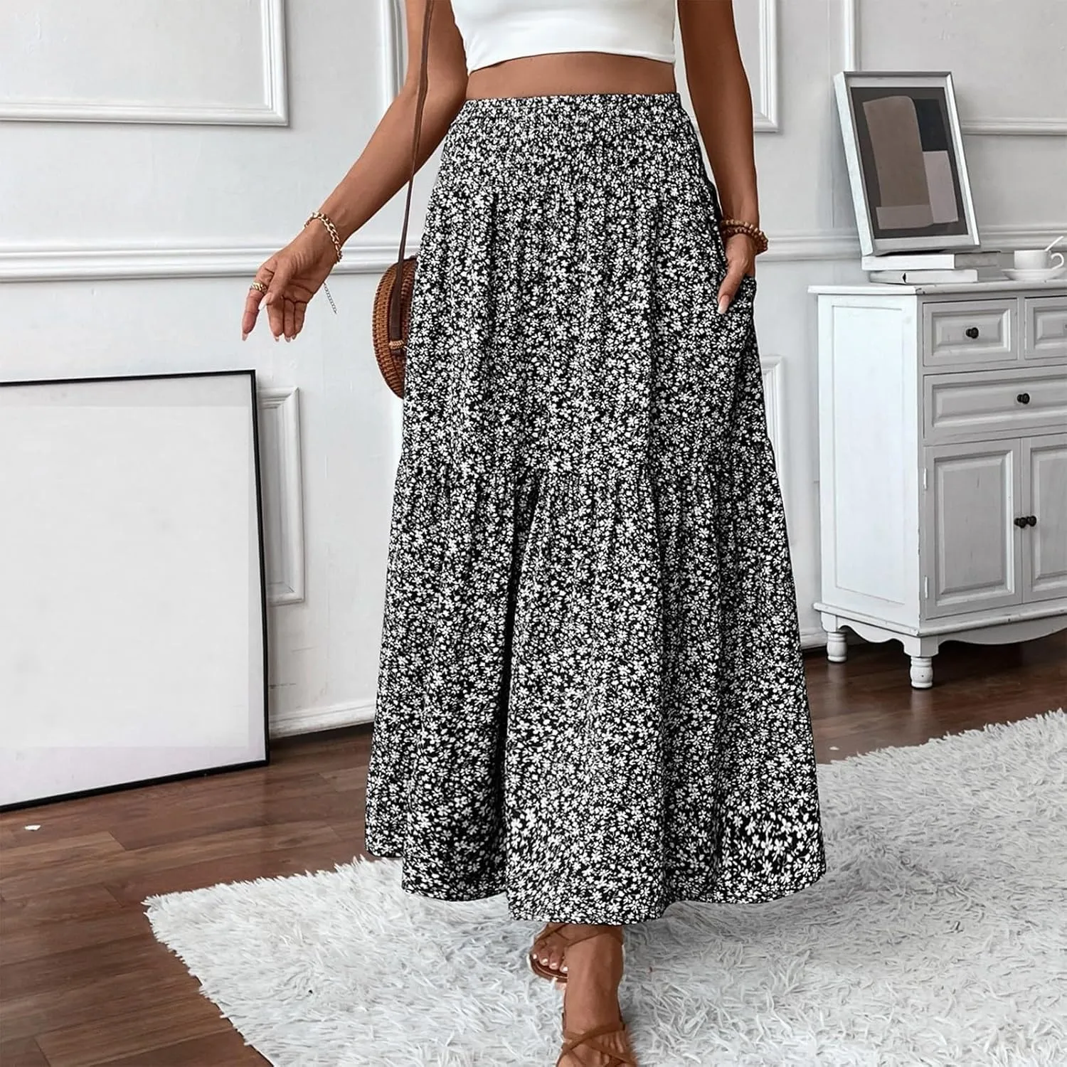 Elastic High Waist Flowy Maxi Skirts Women Boho Floral Tiered Pleated Summer Casual Long Beach Skirt