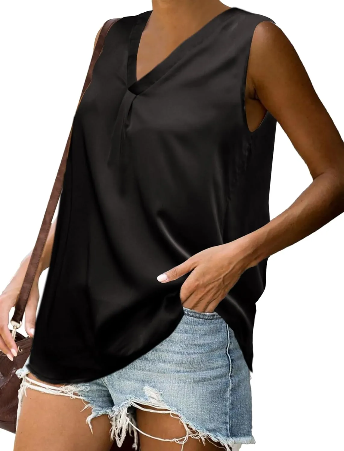 ELESOL 2024 Womens Silk Satin Tank Tops V Neck Casual Cami Sleeveless Camisole Blouses