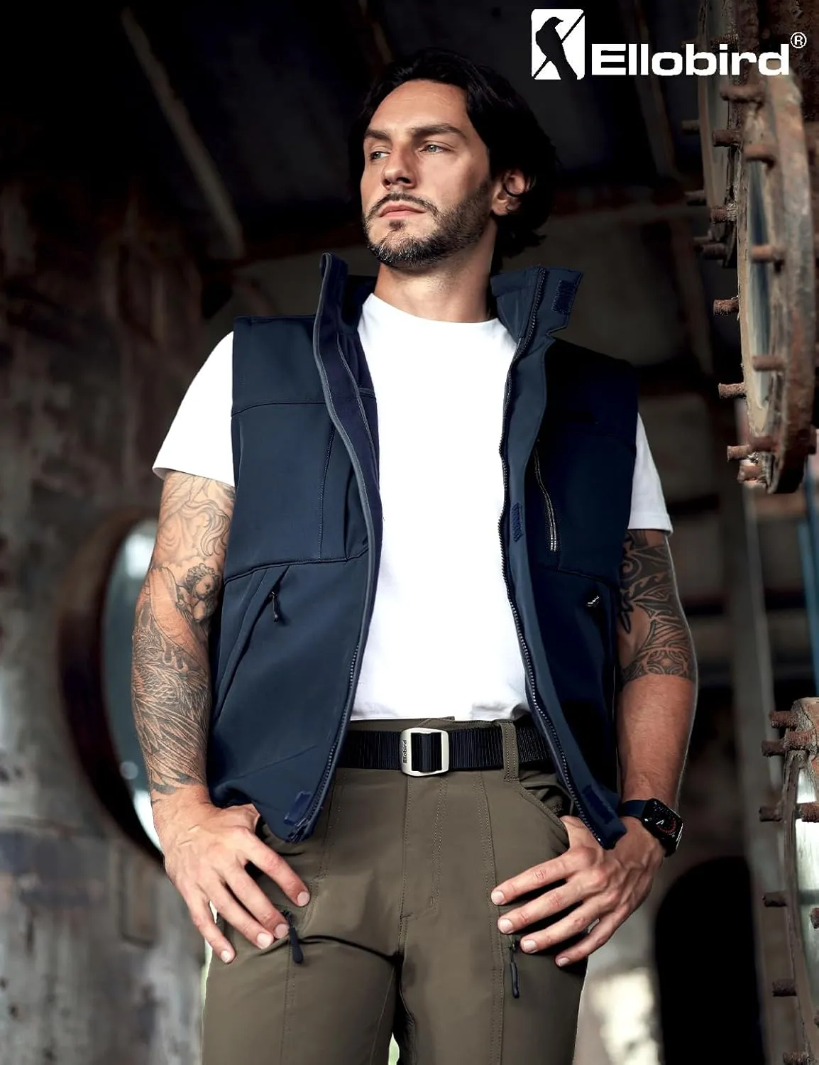 Ellobird Men's Softshell Vest, Warm Windproof Zip Pockets Waterproof Outerwear, Casual Hiking Travel Golf Sleeveless Jacket