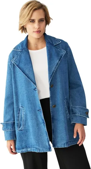 ellos Plus Size Button Front Denim A-Line Jacket