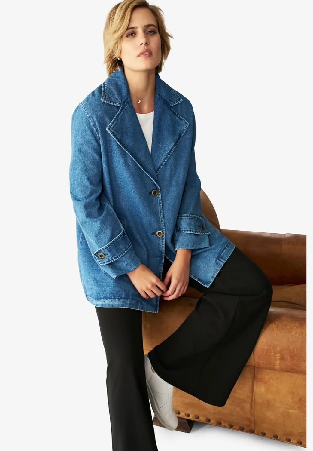 ellos Plus Size Button Front Denim A-Line Jacket