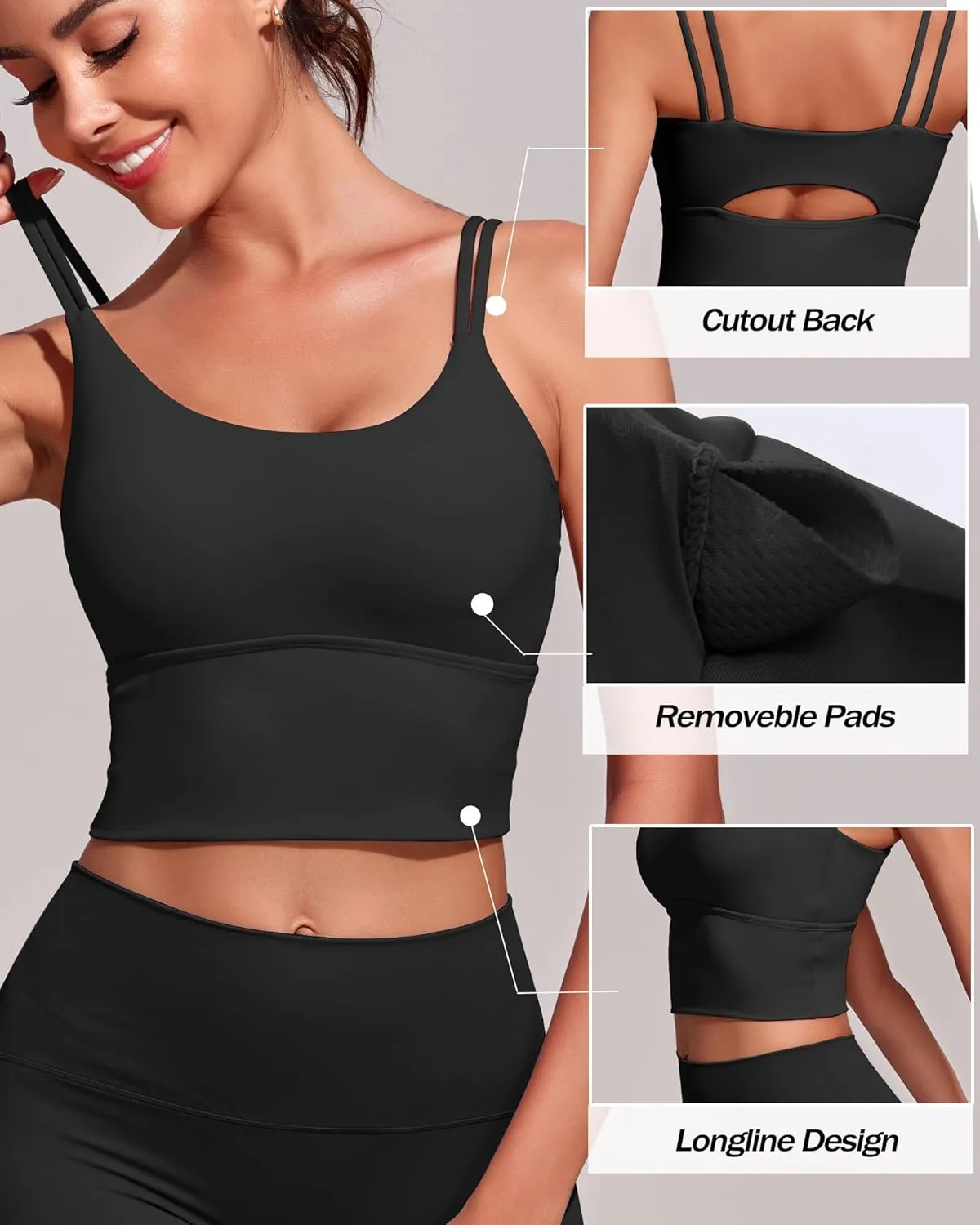 Everrysea Sports Bras for Women High Support Longline Workout Tank Tops Built in Bra Strappy Yoga Padded Crop Top