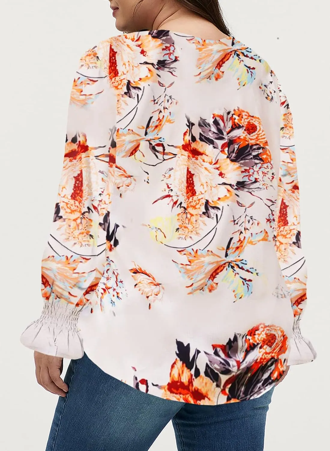Eytino Plus Size Tops for Women Boho Floral Print V Neck Long Sleeve Drawstring Chiffon Blouses Shirts(1X-5X)
