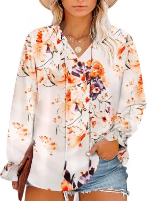 Eytino Plus Size Tops for Women Boho Floral Print V Neck Long Sleeve Drawstring Chiffon Blouses Shirts(1X-5X)