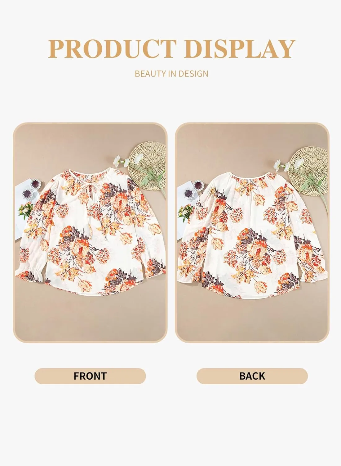 Eytino Plus Size Tops for Women Boho Floral Print V Neck Long Sleeve Drawstring Chiffon Blouses Shirts(1X-5X)