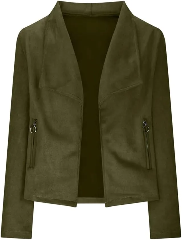 Faux Suede Leather Jackets for Women Motorcycle Moto Biker Short Open Front Tassel Coat