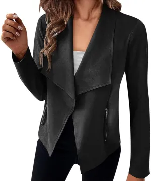 Faux Suede Leather Jackets for Women Motorcycle Moto Biker Short Open Front Tassel Coat