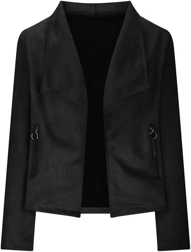 Faux Suede Leather Jackets for Women Motorcycle Moto Biker Short Open Front Tassel Coat