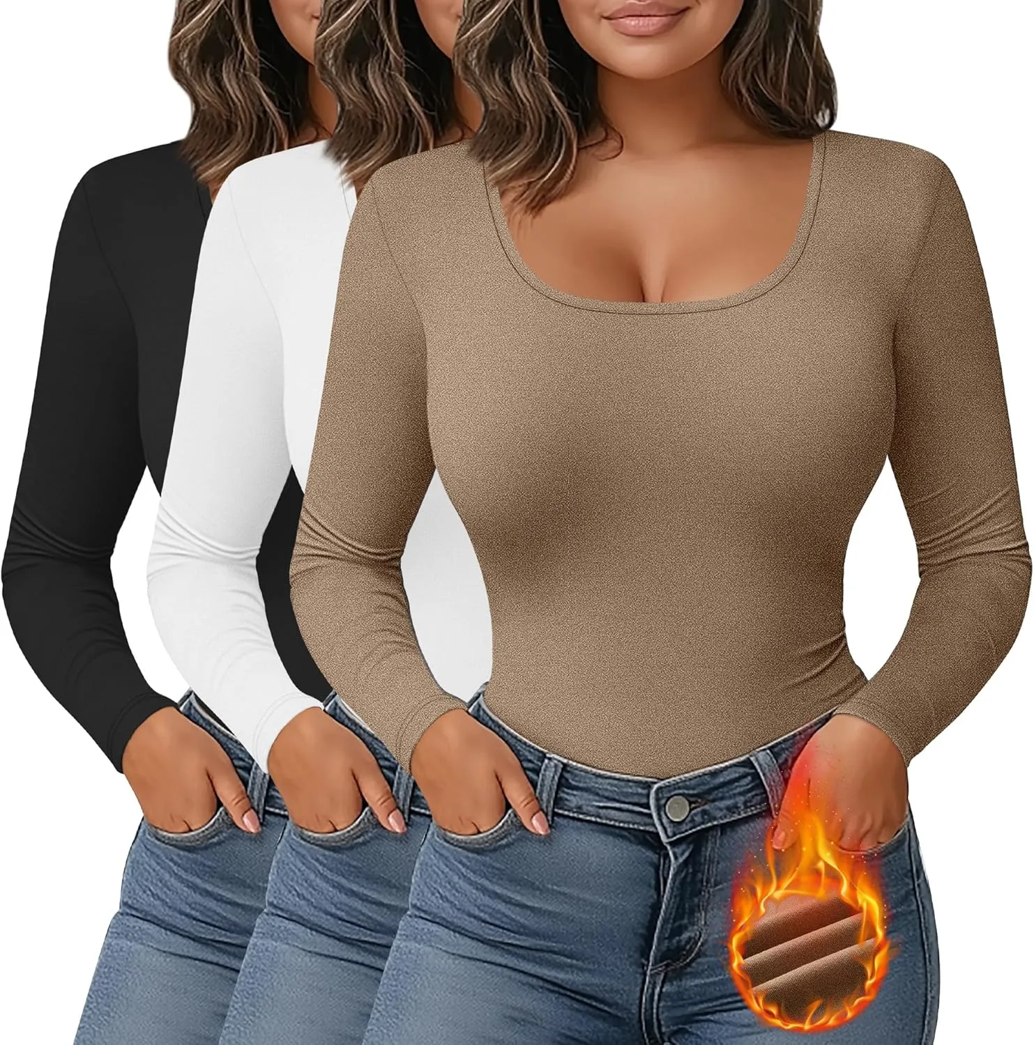 Ficerd 3 Pack Women's Plus Size Thermal Shirts Fleece Lined Scoop Neck Long Sleeve Tops Fitted Winter Base Layer Underwear
