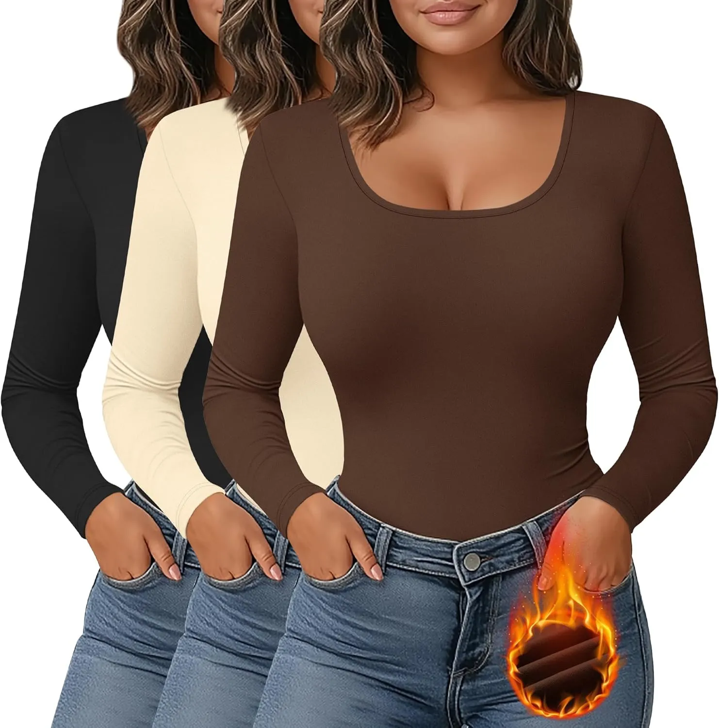 Ficerd 3 Pack Women's Plus Size Thermal Shirts Fleece Lined Scoop Neck Long Sleeve Tops Fitted Winter Base Layer Underwear