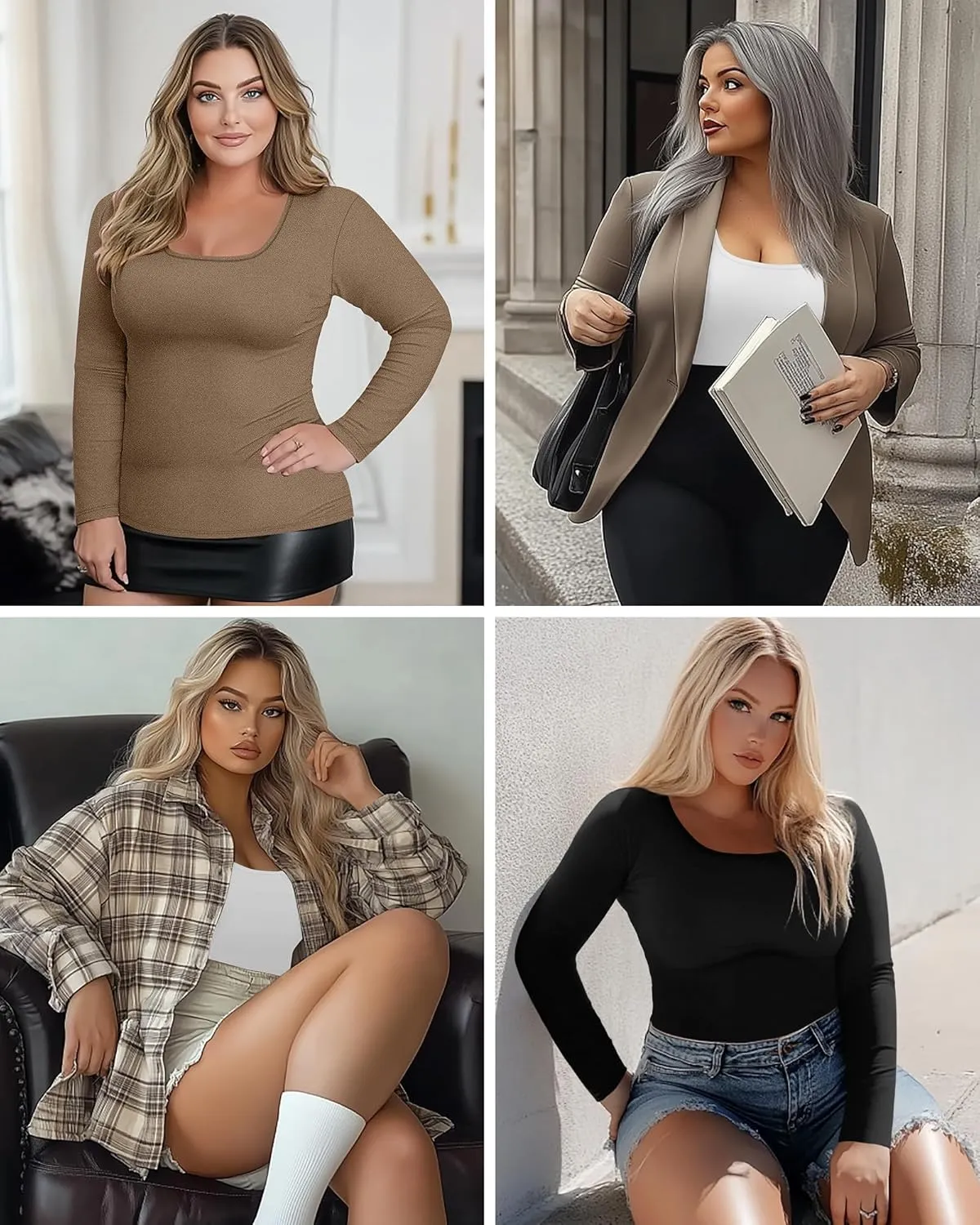 Ficerd 3 Pack Women's Plus Size Thermal Shirts Fleece Lined Scoop Neck Long Sleeve Tops Fitted Winter Base Layer Underwear