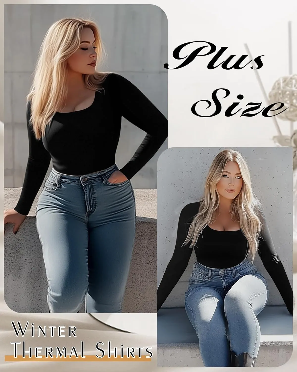 Ficerd 3 Pack Women's Plus Size Thermal Shirts Fleece Lined Scoop Neck Long Sleeve Tops Fitted Winter Base Layer Underwear