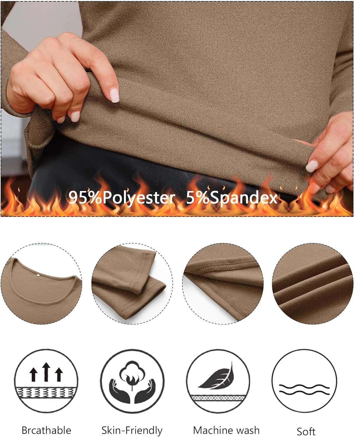 Ficerd 3 Pack Women's Plus Size Thermal Shirts Fleece Lined Scoop Neck Long Sleeve Tops Fitted Winter Base Layer Underwear
