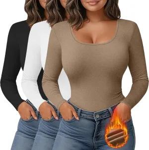 Ficerd 3 Pack Women's Plus Size Thermal Shirts Fleece Lined Scoop Neck Long Sleeve Tops Fitted Winter Base Layer Underwear