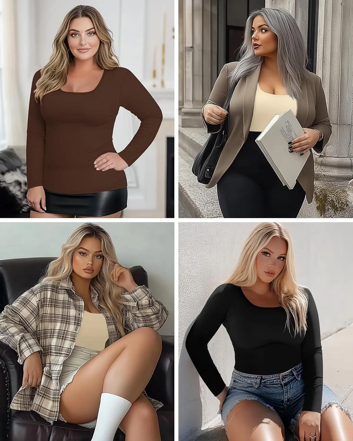 Ficerd 3 Pack Women's Plus Size Thermal Shirts Fleece Lined Scoop Neck Long Sleeve Tops Fitted Winter Base Layer Underwear