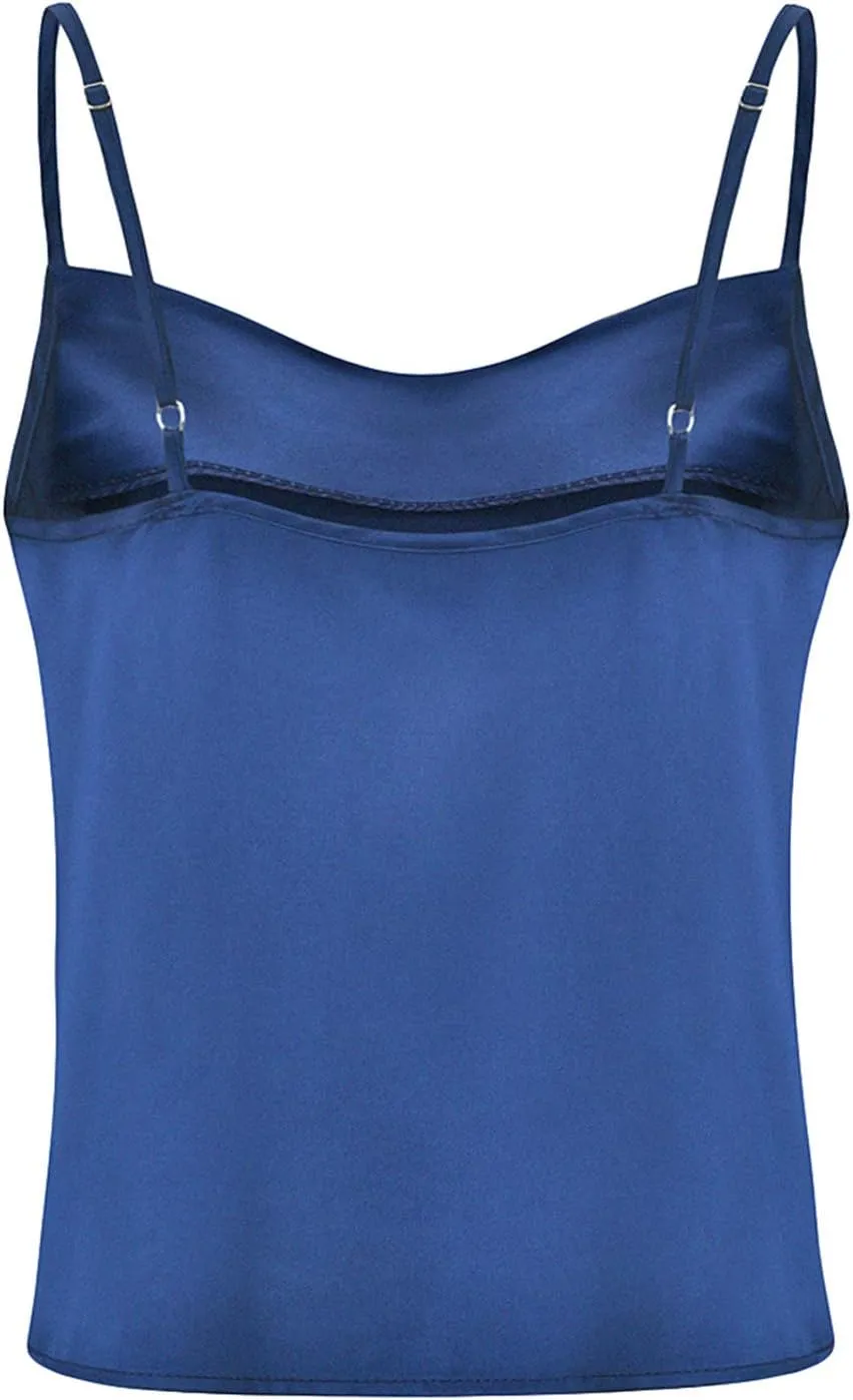 FLITAY Womens Cowl Neck Camis Satin Tank Top Spaghetti Strap Solid Color Camisoles Blouses