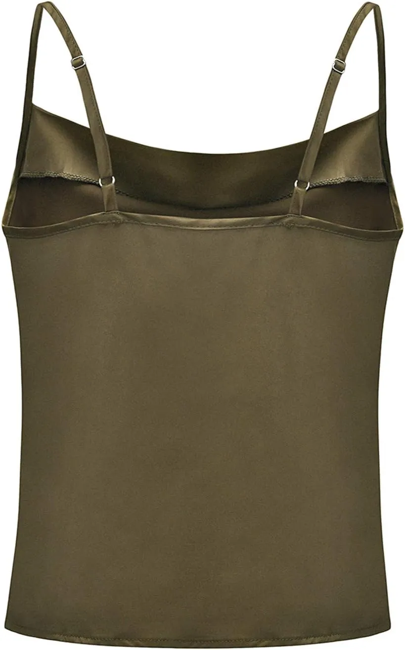 FLITAY Womens Cowl Neck Camis Satin Tank Top Spaghetti Strap Solid Color Camisoles Blouses