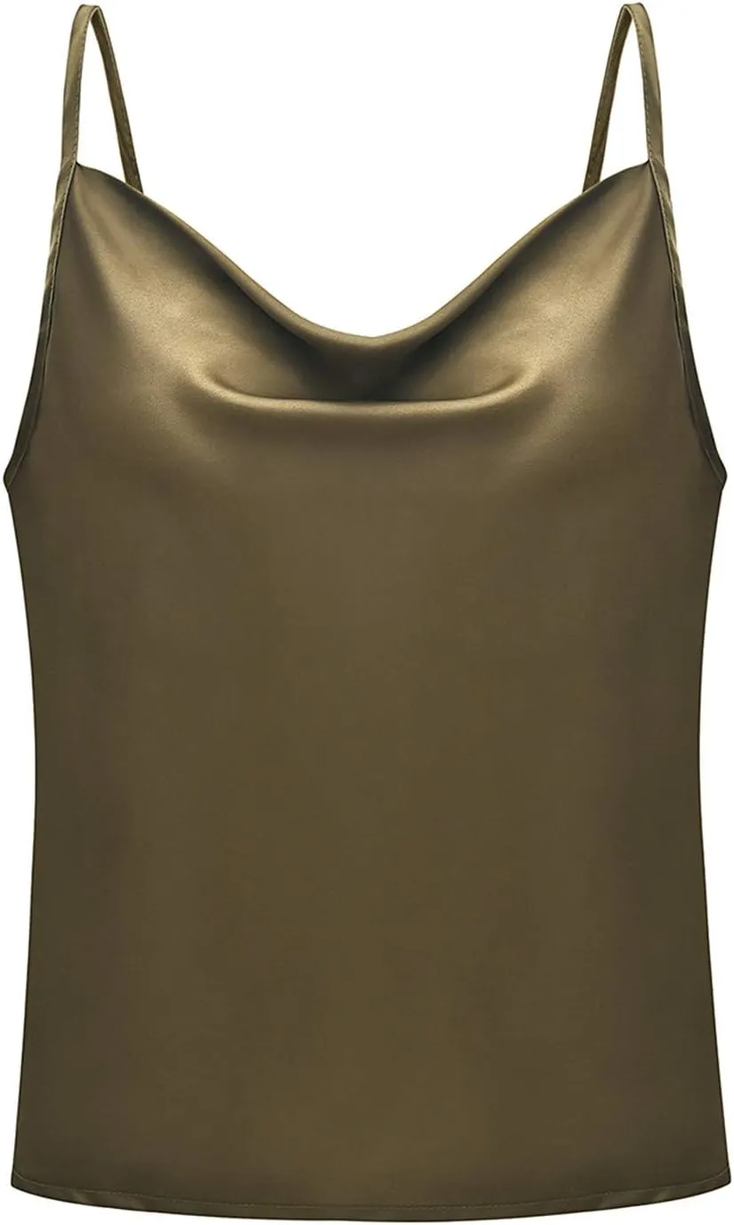 FLITAY Womens Cowl Neck Camis Satin Tank Top Spaghetti Strap Solid Color Camisoles Blouses