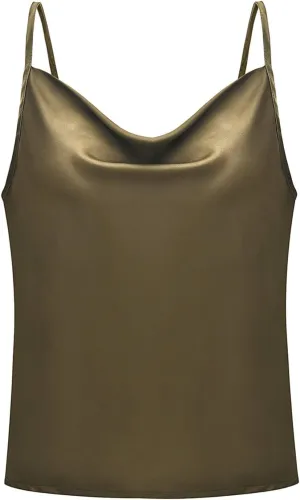 FLITAY Womens Cowl Neck Camis Satin Tank Top Spaghetti Strap Solid Color Camisoles Blouses